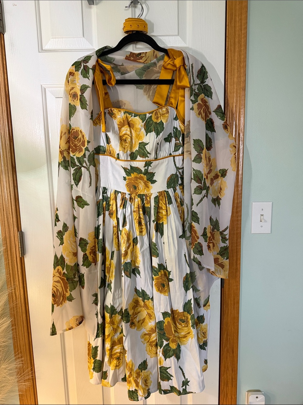 Vixen by Micheline Pitt White Dress with Yellow Rose Print and Green Leaves